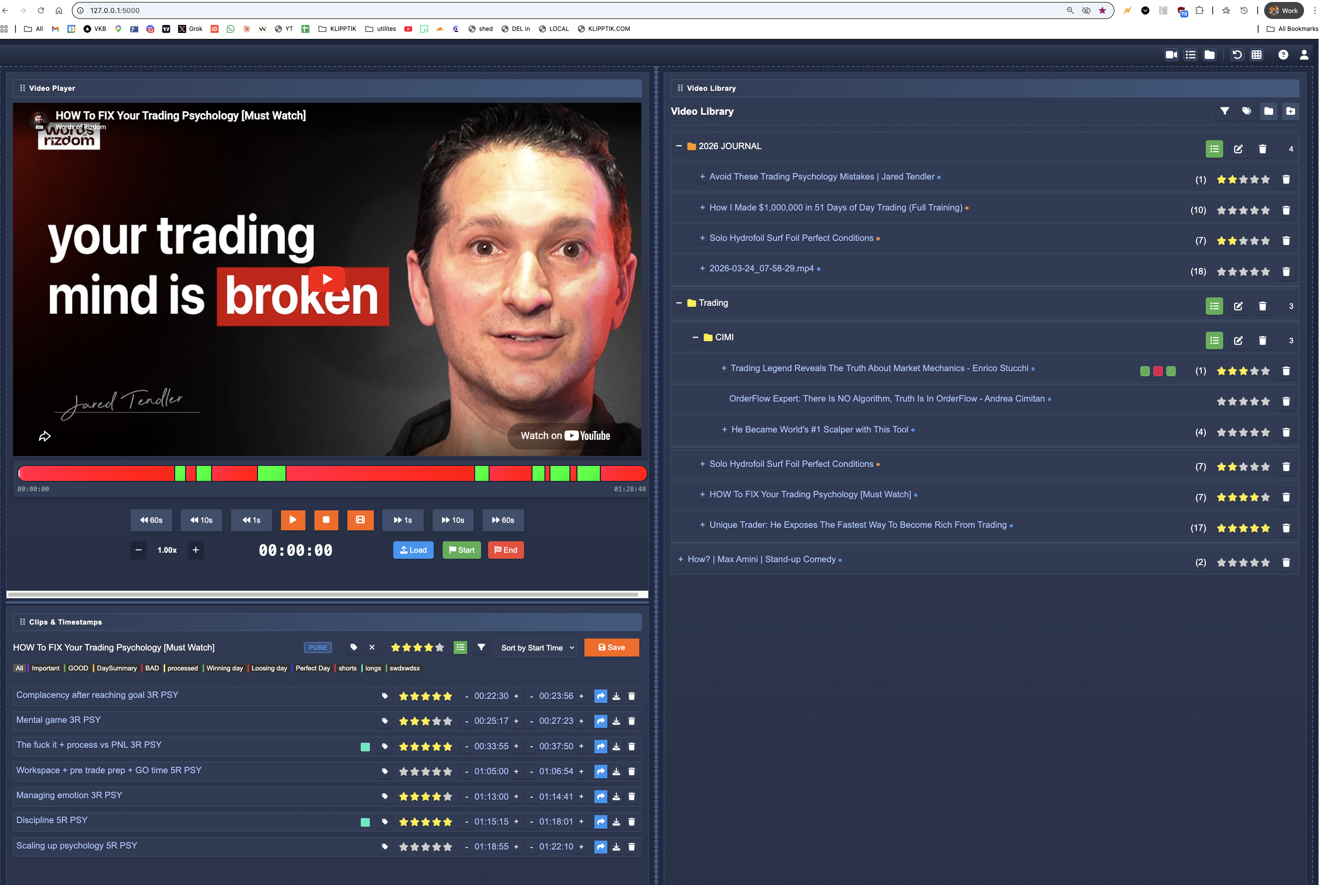 Custom video library app: Jared Tendler's "How to FIX Your Trading Psychology" loaded in the left video player with a timeline showing red and green clip markers. Right panel: folder tree with a "2026 Journal" folder (containing screen-recorded trading sessions like 2026-03-24_07-58-25.mp4) alongside a "Trading > CIMI" folder of trader interviews. Bottom panel: seven clips from the loaded video with timestamps, star ratings, and tag filters (Important, GOOD, BAD, processed, Winning day, Loosing day, Perfect Day, shorts, longs, lookbacks).